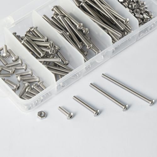 M3 x 10mm 20mm 30mm 40mm Button Head Socket Cap Screws Bolts and Nuts, Stainless Steel 304, Bright Finish, Metric Allen Hex Drive, Fully Thread, Assortment Kit 200PCS - size: Button M3x10-40mm+Nuts
