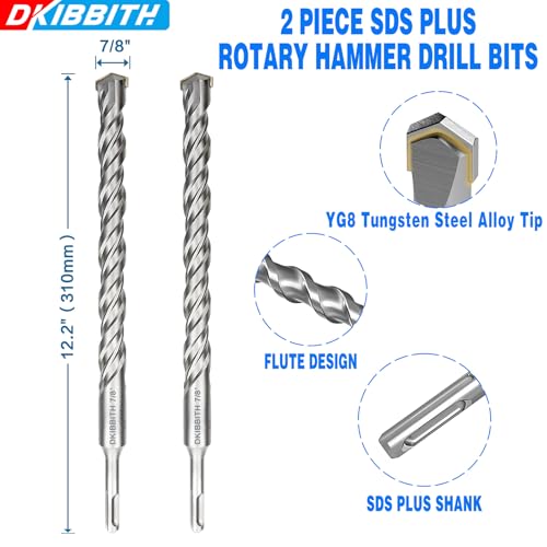 2-Pack SDS Plus Masonry Drill Bits 7/8 Inch x 12 Inch Long Rotary Hammer Drill Bits Carbide Tipped for Concrete Brick Cement Stone Block. - size: 2 Pcs 7/8", style: 12"