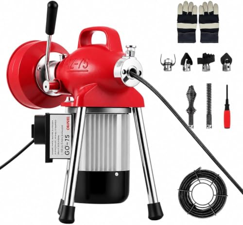 500W 400 RPM Auto Feed Electric Drain Cleaner Machine (66FT x 5/8" + 16FT x 3/8", Red) - color: Red