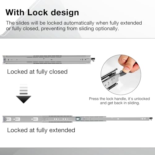 Heavy Duty Locking Drawer Slides Load 150 lbs Full Extension Runners with Lock 12 14 16 18 20 22 24 26 28 30 32 34 36 38 40 Inch Side Mount Rails for Drawer Capacity 150 lb 1 Pair - size: 16 Inch, style: With lock