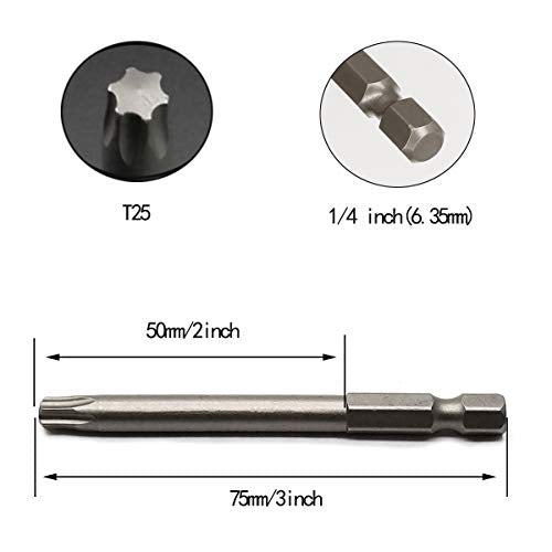 10PCS 3"/75mm T25 Torx Head Screwdriver Bit Set, 1/4 Inch Hex Shank with Quick Release Slot,S2 Steel Magnetic Security Tamper Proof Star 6 Point Screw Driver Kit Tools - color: 75mm/3inch, size: T25