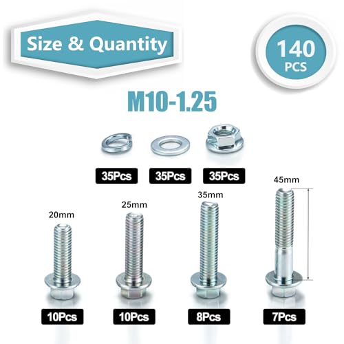 Kadrick 140Pcs Flange Hex Bolts and Nuts Kit,M10 x1.25（M6-1.0 M8 x1.25 Available） (20mm to 45mm) Metric Bolt Assortment,Alloy Steel Class 8.8 Zinc Plated - size: 140Pcs M10 FLANGE HEX Zinc