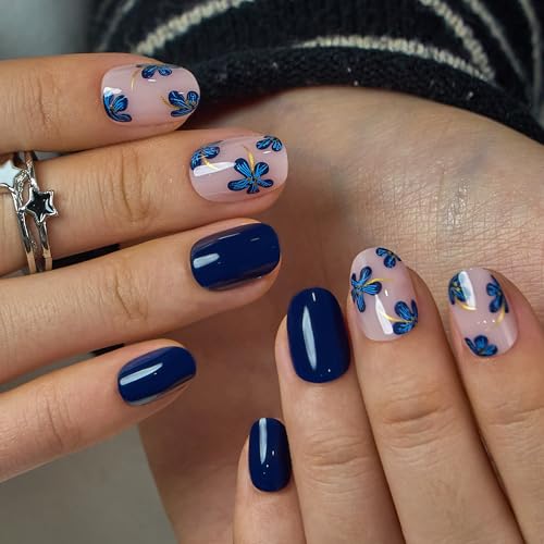 CurvLife Extra Short Square Floral Press On Nails, Navy Petal, Soft Gel - color: C1 - Navy Petal