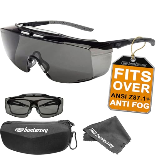 HTS HUNTERSKY ANSI Z87.1+ Anti Fog Fit Over Eyeglasses Safety Glasses Up to 1.88 inch 99.9% UV Protection OTG Lab Goggles - color: 3906s Black-gray / Gray Lens - W/ Case