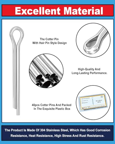 5/32" x 2-3/8" (M4 x 60mm) Cotter Pins, 304 Stainless Split Pins - 40 Pcs - size: M4 x 60mm
