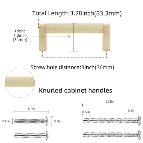 10 Pack 3 inch(76mm) Brushed Brass Kitchen Cabinet Handles Knurled Cabinet Pulls Gold Drawer Pulls Kitchen Cabinet Hardware Handles Drawer Pulls Dresser Handles - color: Brushed Brass, size: 3" Hole Center（76mm）
