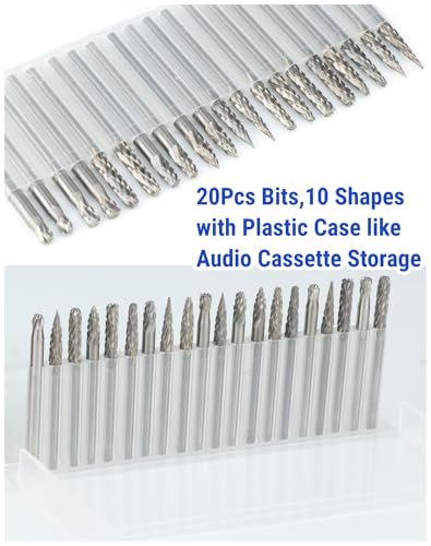 Sworker 20 Pcs Carbide Burr Set 1/8" Shank Compatible with Dremel Bits Rotary Tools Attachment Kit Rasp Drill File Accessories Metal Wood Stone Steel Grinding Carving Cutting Polishing Solid Tungsten