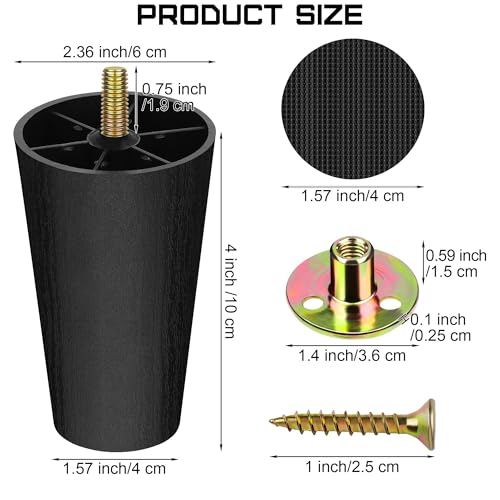 TURSTIN 16 Pack 4 Inch Plastic Furniture Legs with M8 T-Nuts Screws Tapered Sofa Couch and Chair Legs Replacement Furniture Legs for DIY Projects Sofas Coffee Tables Dressers Beds - size: 4 inch