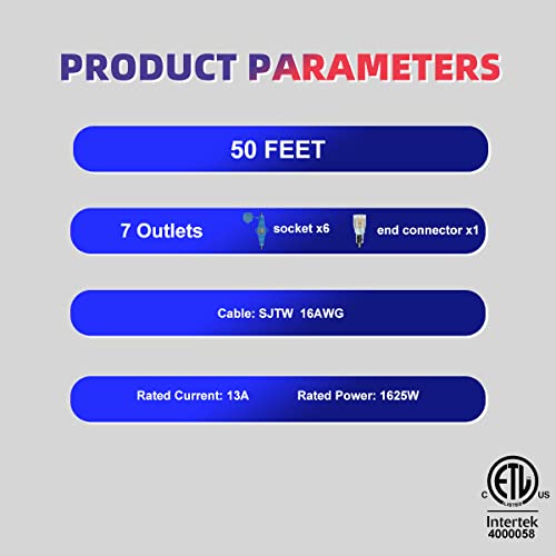 50 Feet Multi Outlet Extension Cord 16 Gauge 7 Nema 5-15R Outlets - size: 16 Gauge 50FT 7 Outlets