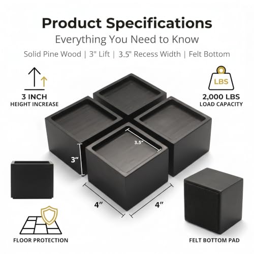 Lufia 3 Inch Solid Pine Wood Furniture Risers 4 Pack, 2000 LBS Non-Slip Lift Blocks for Bed Sofa Cabinet - color: Black - 4-pack, size: 3 Inch