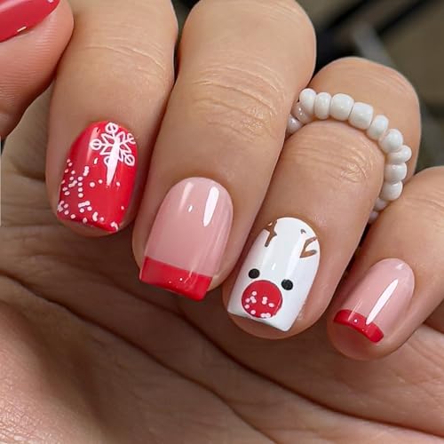 CurvLife Short Square Press On Nails, Christmas Deer Red,Soft Gel - color: Christmas Deer