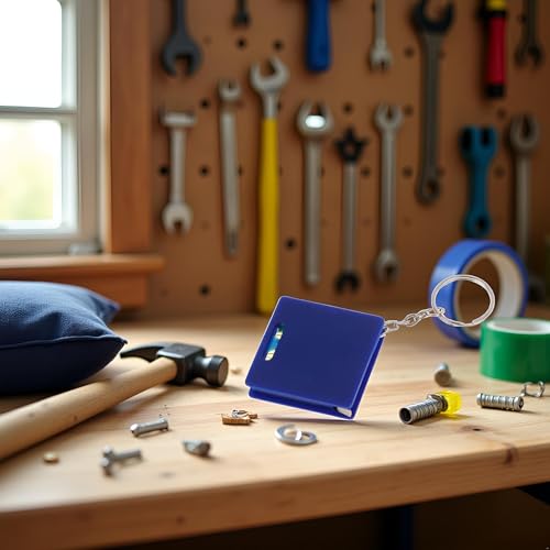 Blue Mini Keychain Tape Measure with Square & Bubble Level, 1m Steel Ruler, Portable Measuring Tool, Small Retractable Tape Measure Keychain