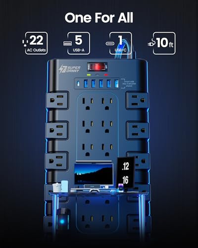 SUPERDANNY Flat Plug Power Strip Surge Protector, 10Ft, 22 AC 6 USB, 2100J - color: Black, size: Flat Plug - 10 ft