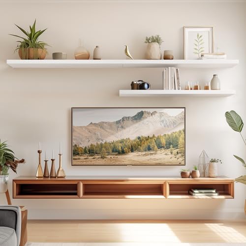 AMADA HOMEFURNISHING Floating Shelves Wall Mounted, 32 x 7 Inch Wall Shelves for Bathroom, Bedroom, Living Room, White Shelves Set of 2 | Wall Shelves with Hidden Bracket, Solid MDF Wood, 22 lbs Max Load per Shelf, Easy to Assemble, Multi-Wall Compatible