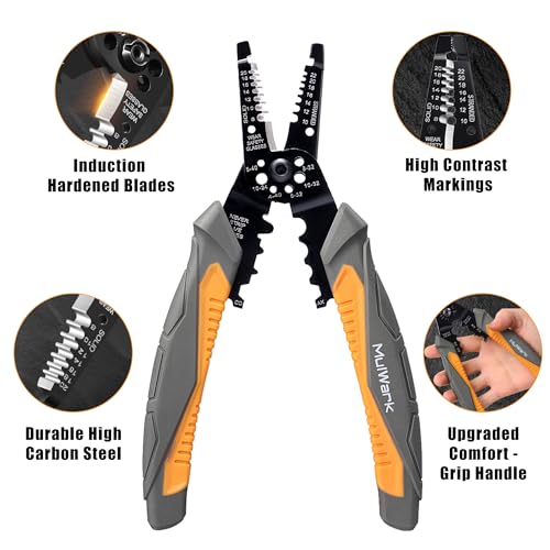 MulWark 3 in 1 Automatic Self Adjusting Wire Stripper/Cutter/Crimper, 8 Inch Multi Pliers For Electrical Wire Stripping, Cable Cutting, Crimping Tool from 8 AWG to 30 AWG