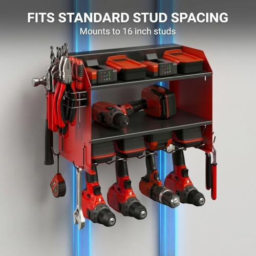 Heavy Duty Power Tool Organizer – 4 Drill Holders, Pegboard, Side Racks – Garage Storage Rack for DIYers – Metal Power Tool Shelf, Easy Install – Red