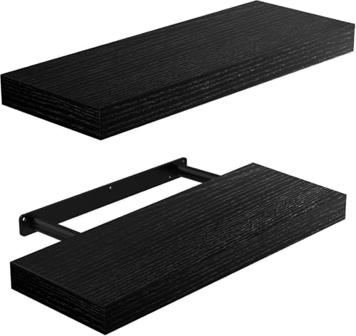 Amada 15 Inch Floating Shelves with Invisible Brackets, Set of 2, Black | Wall Shelves with Hidden Bracket, Solid MDF Wood, 22 lbs Max Load per Shelf, Easy to Assemble, Multi-Wall Compatible - color: Black, size: 15 inches