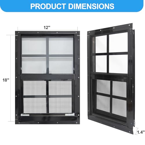 NeatiEase 2 Pack Shed Windows with Black Frame, 12 x 18 Flush Mount Small Window with Tempered Glass and Fiberglass Screen for Shed, Chicken Coop, Playhouse, Household, Garage - color: Black, size: 12"x18"