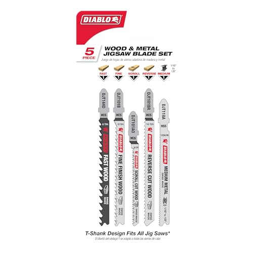 Diablo Jig Saw Blade Set for Wood & Metal - High Performance, Clean Cuts - T-Shank Design, 5-Pack - DJT5S