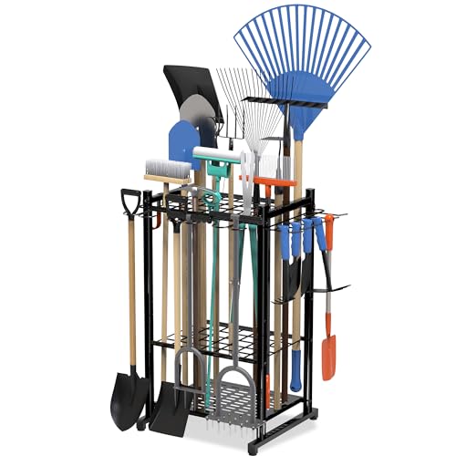 Sttoraboks Garden Tool Organizer Rack Up to 50 Tools, Heavy-Duty Steel Yard Tool Organizer for Garage Storage with 11 Hooks, Broom Holder & Garden Tool Rack for Shed, Patio, Outdoor Use, Black - style: Rack with hooks