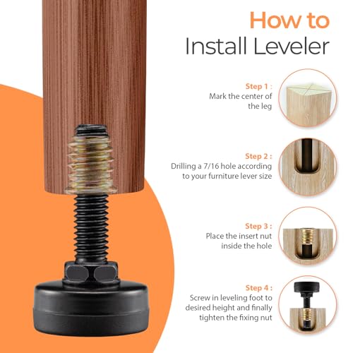 8-Pack Adjustable Furniture Leveling Feet, M8 ISO Metric Thread, 1.8 Inch Height, 1'' Base, Includes Nuts and Felt Padded, Black, Ideal for Desks, Tables, and Chairs