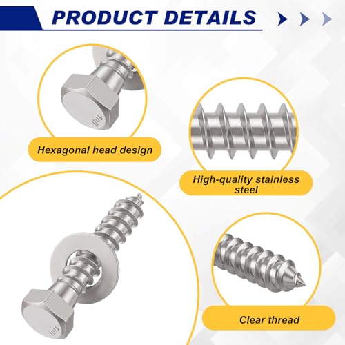 Zonon 50 Pcs 3/8'' X 2" Hex Head Lag Bolts Screws with Washers, Silver - color: Silver, size: 3/8'' X 2"