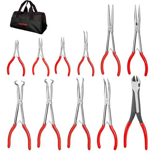 HAUTMEC Extra Long Needle Nose Pliers Set, 11PCS Long Reach Pliers Include 6-7" & 11" Straight, Circle Nose, Diagonal, Flat Nose, Bent Nose Plier for Narrow Spaces, Automotive & DIY Repairs - color: 11pcs Long Plier Set
