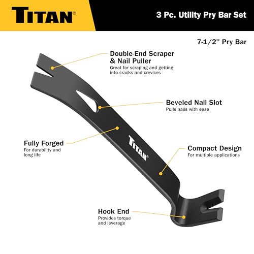 Titan 17121 3-Piece Flat Pry Bar set, 5.5", 7.5" & 9.5"Utility Claw Bars with Nail Puller, Forged Steel Wonder Bar - size: 3 Piece Utility Set