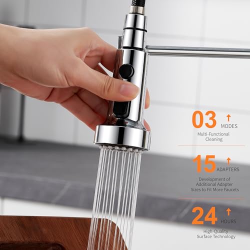 TIORIY Kitchen Faucet Spray Head Replacement with 15 Adapters, Plastic Spray Nozzle for Kitchen Faucet 3 Modes, Compatible with American Standard Faucets, Pause Mode (Chrome) - color: Chrome, style: Pause