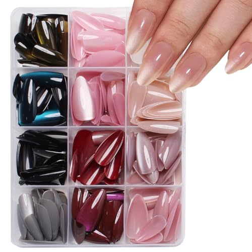 288Pcs Cat Eye Press on Nails Almond Shape 12 Color Glitter Fake Nails Medium, Sparkle Glass Nails Press on, Shiny Acrylic Glue on Nail Gradient Stick on Nail for Women Manicure - color: Style 10