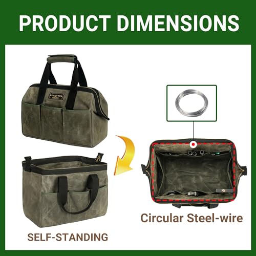 15 Inch Tool Bag, Heavy Duty Wide Mouth Water-Resistant Tool Bag, Tool Tote with Handle for Tools, Wrenches, Screwdrivers (15 X 7.8 X 11.5 inch) | ArmyGreen - color: ArmyGreen, size: 15 Inch