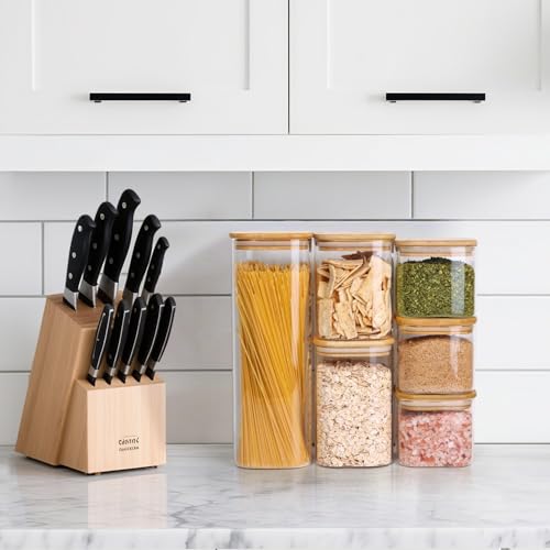 ComSaf Pasta Containers Storage 2.2 Qt, Spaghetti Jar, Set of 3 Tall Jars | Glass Storage Containers with Lids, 11.3-inch High Glass Kitchen Canisters Square, Cereal, Noodles, Oats, Dry Food, BPA Free - size: 2.2Qt*3