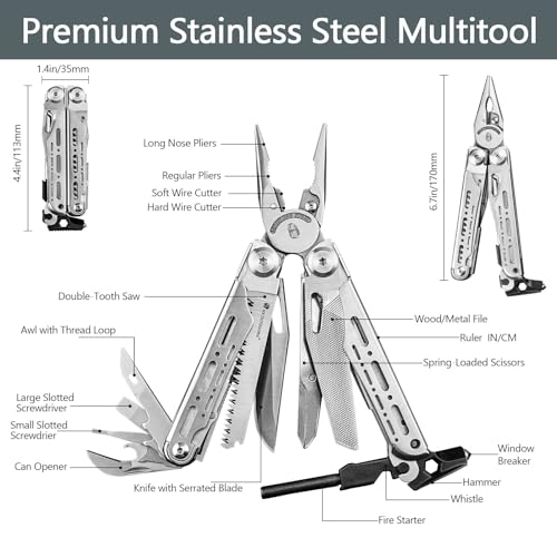 HX OUTDOORS 19 In 1 Multi Tool Pocket Knife Set, Stainless Steel Multitool Pliers with Fire Starter and Glass Breaker, Folding EDC Camping Survival Tools for Men (Silver) - color: Silver