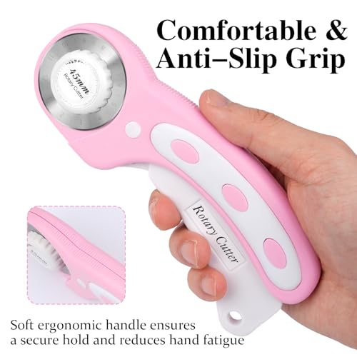45mm Rotary Cutter for Fabric with 5 Extra Blades, Roller, with Safety Lock - color: Pink