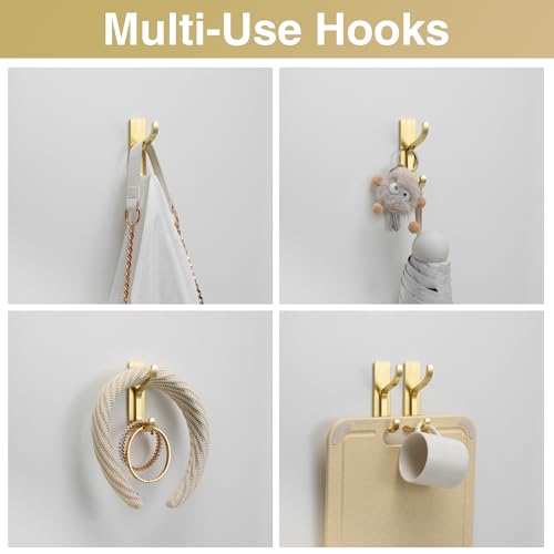 Adhesive Wall Hooks for Towel/Coat,13Lb Strong Stick-On Hooks, Gold 6 Pack - color: Gold, size: 6 Pack