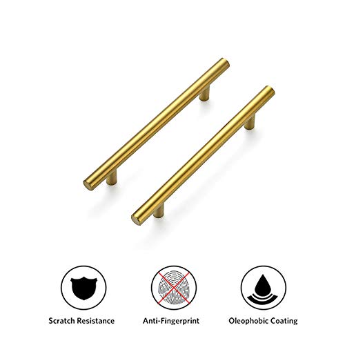 Ravinte Cabinet Pulls,7.38" Length, 5" Hole Center,Brushed Brass,30 Pack | Round T-Bar Shape, Kitchen Drawer Pulls, Stainless Steel Feel, Cabinet Handles, For Cupboards, Drawers, Dressers, Cabinets - color: Brushed Brass