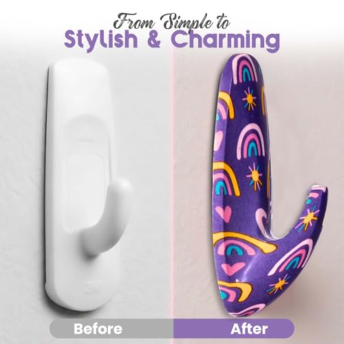 Adhesive Wall Hanging Hooks | Pack of 3 Purple Rainbow Print Wall Hooks with Heavy Duty Sticky Strips that Hold Up to 3lbs, Easy to Install Hanging Hook for Painted Walls & Kitchen