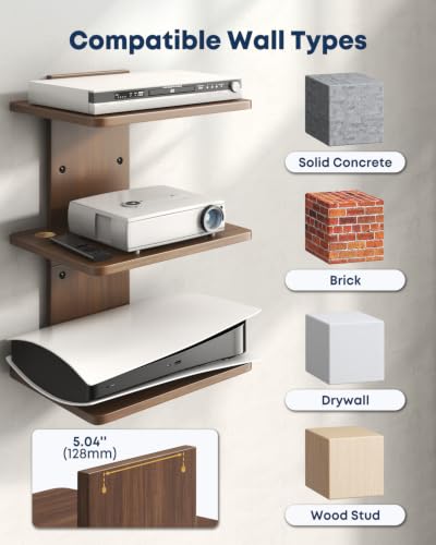 Floating TV Projector Shelf Wall Mount - 3 Tier Wooden Shelf, Walnut Brown - size: 3-Tier Shelf