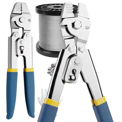 Cyrico 328FT Wire Rope Crimping Tool Kit, 1/16" Stainless Steel Cable with Cutter, Heavy Duty Crimper, 210 PCS Aluminum Crimp Loop Sleeves, 50CS Thimbles, Gloves for Railing, String Lights, Fishing