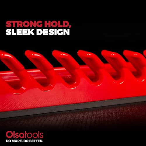Olsa Tools Magnetic Wrench Organizer, Red - 15 Slot Wrench Holder - SAE and Metric Magnetic Wrench Rack - Rubberized Scratch Free Base - Wall or Toolbox Mountable Wrench Storage - Part: 1877 - color: Red
