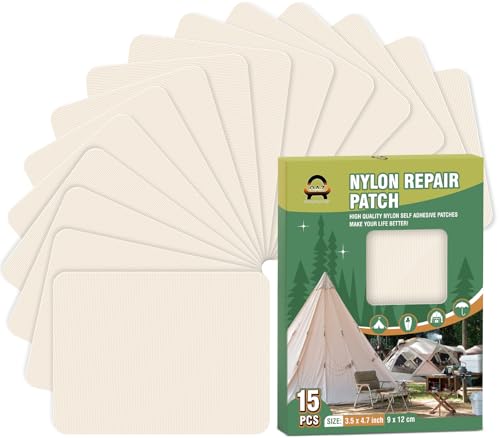 OAZ 15 Pieces 3.5 x 4.7 inch Nylon Repair Patches Nylon Fabric Patch Self-Adhesive Tent Repair Tape Waterproof Lightweight Repair Patches Repair Patch Kit for Clothing Down Jacket Bag (Beige White) - color: Beige White, size: 3.5" x 4.7"