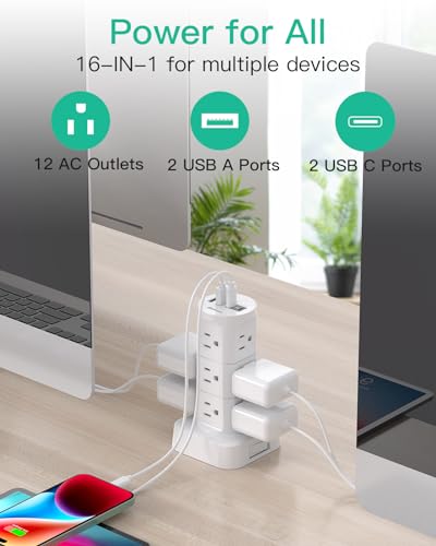 Power Strips with Surge Protection, Flat Plug Power Strip Tower - color: White, size: 6 FT