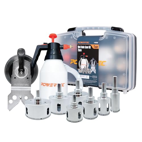 POWERTEC Wet Diamond Hole Saw Kit – 7-Piece Set with Suction Mount Drill Guide, Water Tank & Hose for Wet Drilling in Tile, Porcelain, Granite, Marble, Glass & Ceramics (14908) - size: Wet Diamond Hole Saw Kit, style: 7 Piece Hole Saw Kit