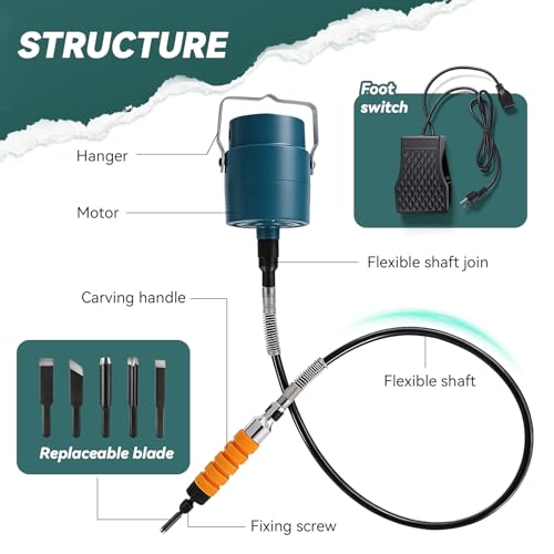Electric Wood Chisel Hanging Mill Grinding Woodworking Carver Pedal Control Engraving Machine Wood Chisel Carving Machine with Handle 5 Blades + Foot Control Pedal (110V) (110V) - size: 110V