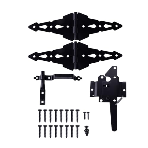 Fence Gate Hardware Kit, 8" Heavy Duty Strap Hinges and Spring Latch, Black - size: 8" Decorative Strap Hinges