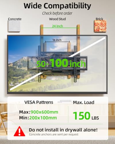 USX Mount Long Arm TV Wall Mount for Most 50-100 inch TV 40 Inch Extension Full Motion TV Mount，Pre-Assembled Wall Mount with Swivel and Tilt Up to 150lbs Fits 8″/12″/16″/24″ Studs VESA 900x600mm - size: 50-100inch
