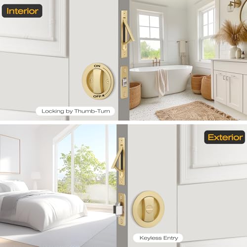 EHOMEWARE 1 Pack Gold Pocket Door Hardware with Edge Pull, Satin Brass - color: Satin Brass, size: Privacy + Pull A