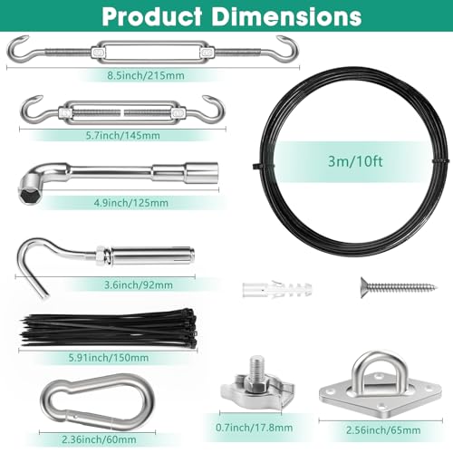 4 PCS 10ft Sun Shade Sail Hardware Kit, 304 Stainless Steel Cable Wire with Nylon Coating - for Rectangle Triangle Square Shade Sail Installation, Outdoor Garden Patio