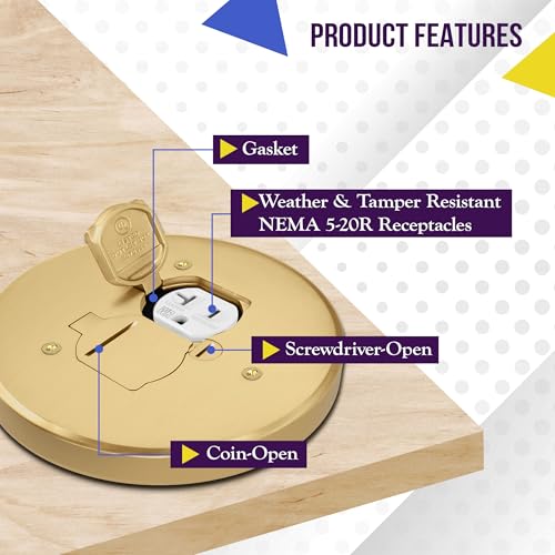 ENERLITES Dual Flip Lid Floor Outlet Cover, 5.625" Dia, 1-Gang, 20A, Brass - color: Brass 5.625"