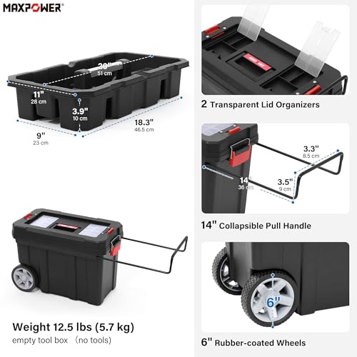 MAXPOWER Rolling Tool Box with Wheel, Lockable Deep Tool Box - size: 16", style: 8-gallon Rolling tool box